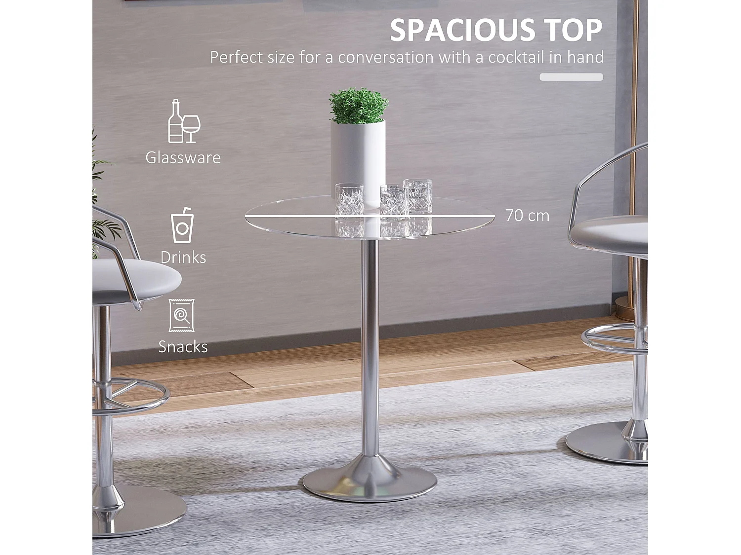 Diliha Round Tempered Glass Dining Table 70cm Chrome Steel Base