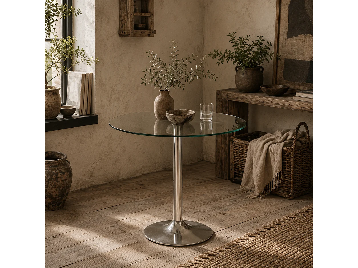 Diliha Round Tempered Glass Dining Table 70cm Chrome Steel Base