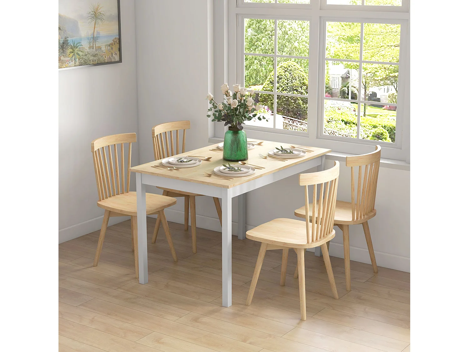 Sasoroma Solid Wood 4 Seater Farmhouse Dining Table Natural Top White Legs
