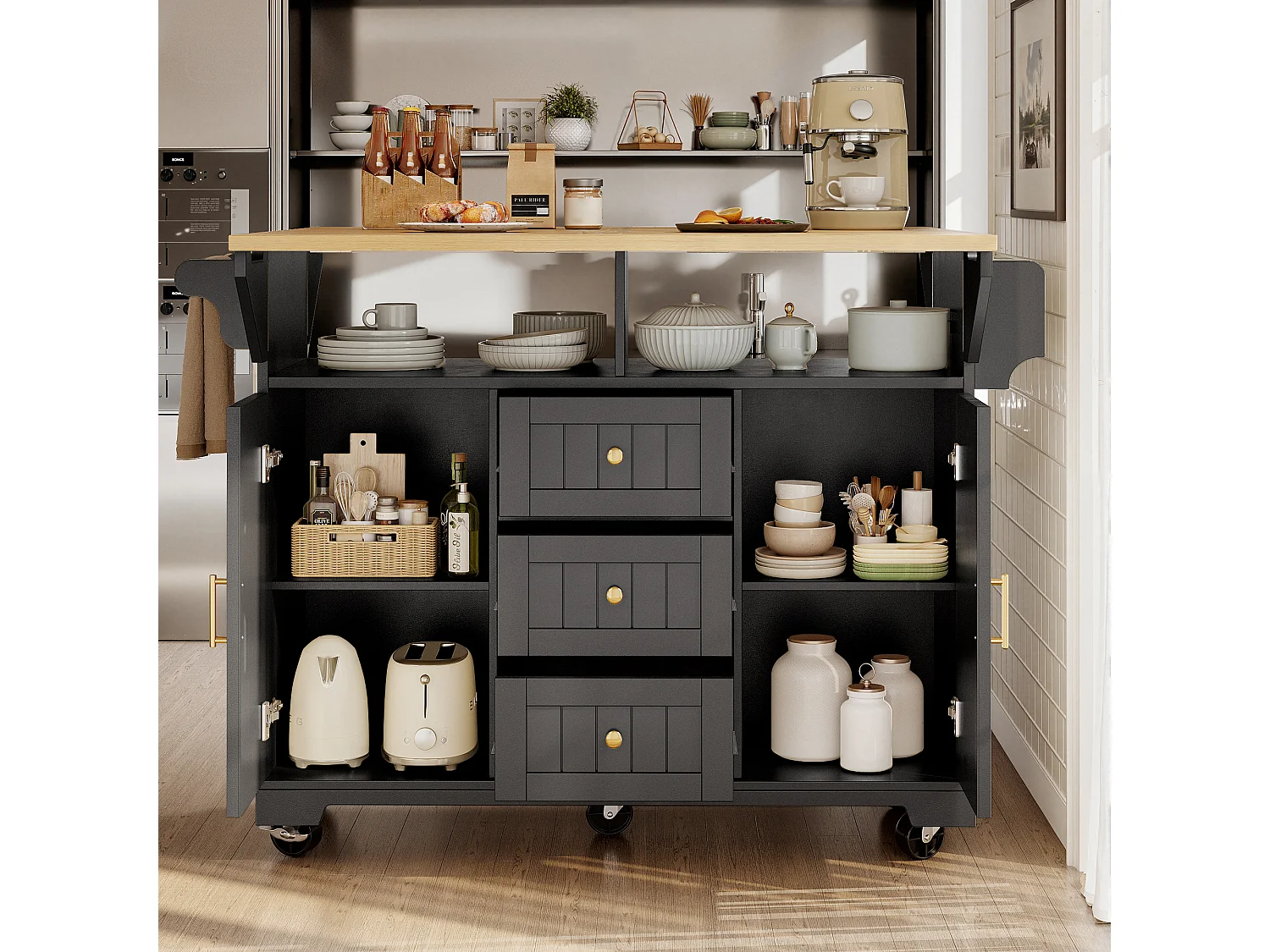 Mobile Kitchen Island - Extendable Top - 2 Doors and 3 Drawers - Open Shelves - with Towel Rail - MDF - Black