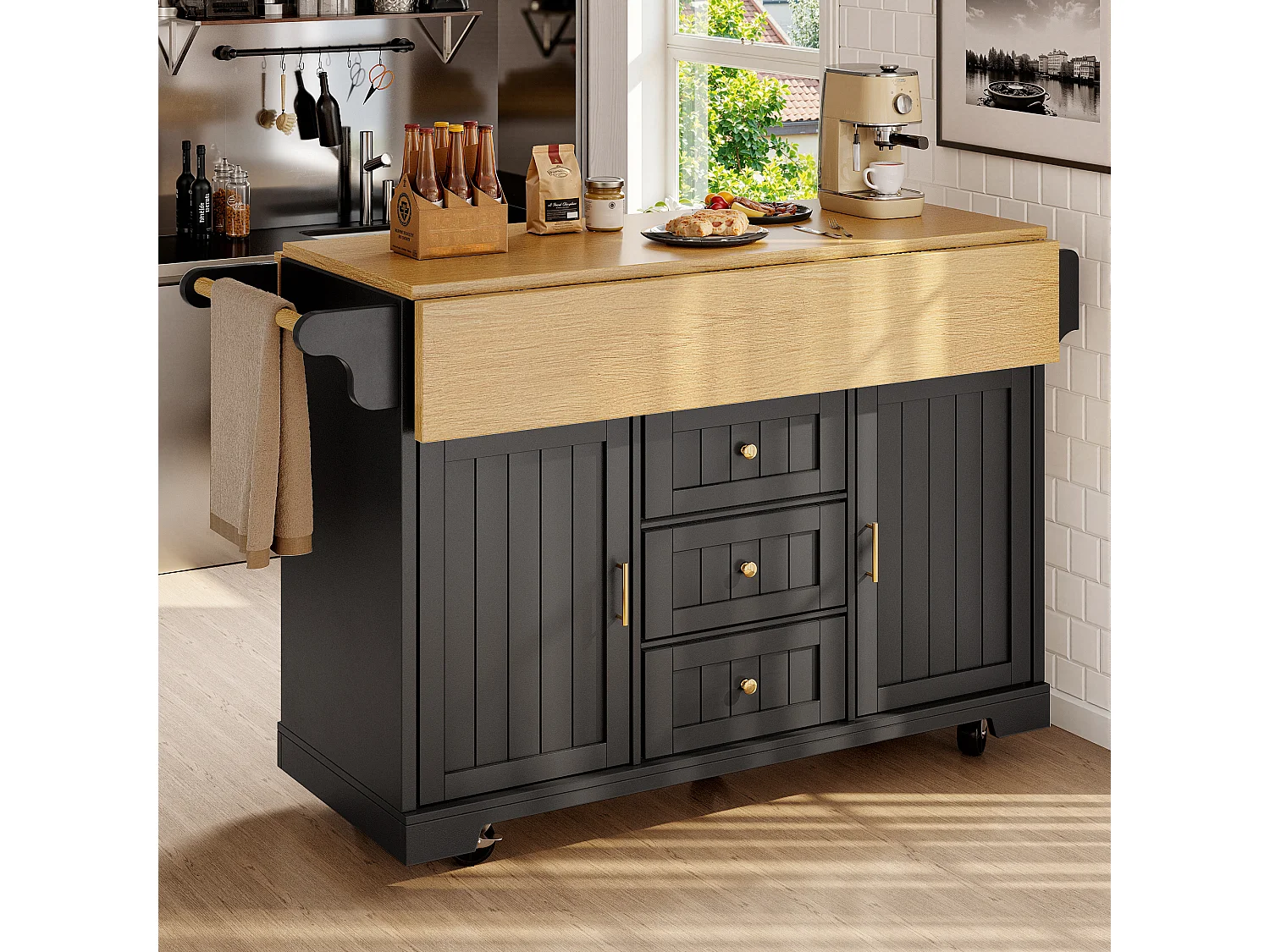 Mobile Kitchen Island - Extendable Top - 2 Doors and 3 Drawers - Open Shelves - with Towel Rail - MDF - Black