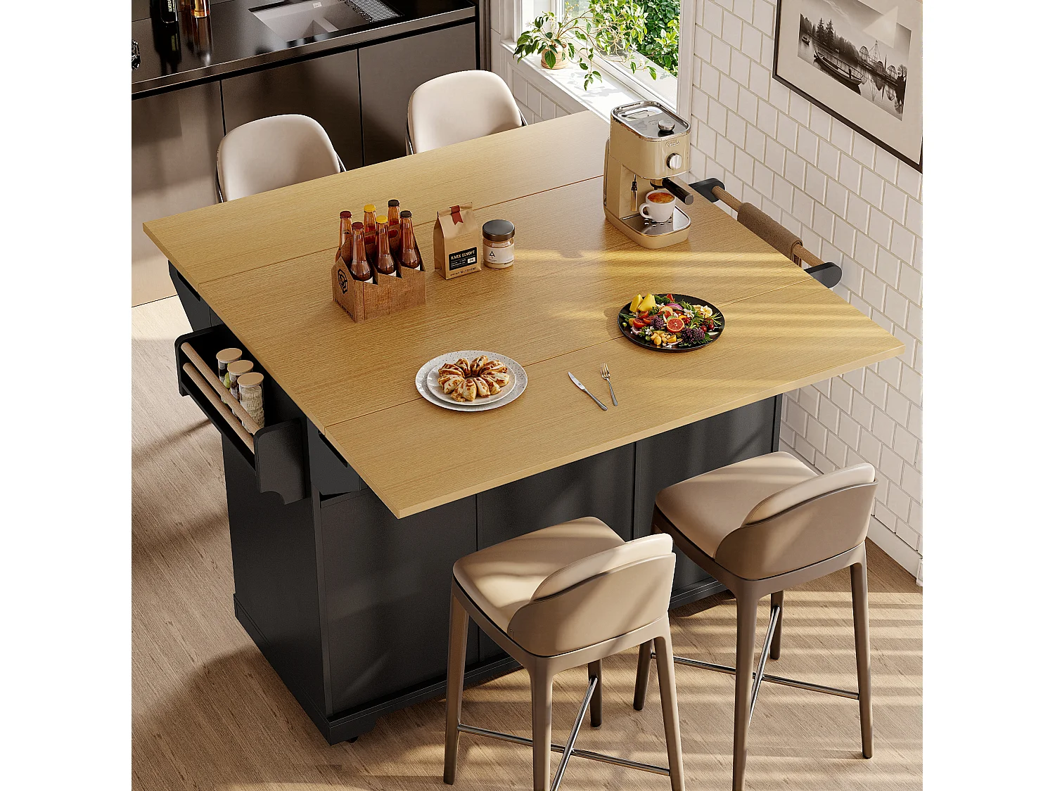 Mobile Kitchen Island - Extendable Top - 2 Doors and 3 Drawers - Open Shelves - with Towel Rail - MDF - Black