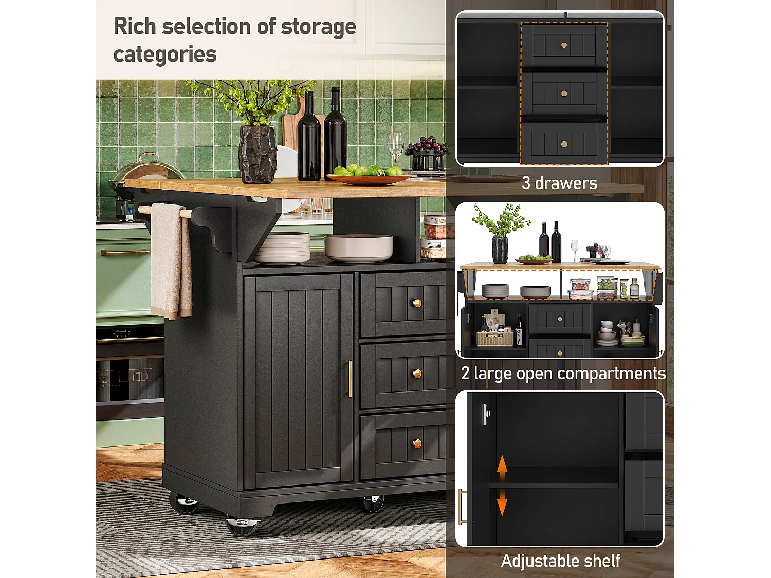 Mobile Kitchen Island - Extendable Top - 2 Doors and 3 Drawers - Open Shelves - with Towel Rail - MDF - Black