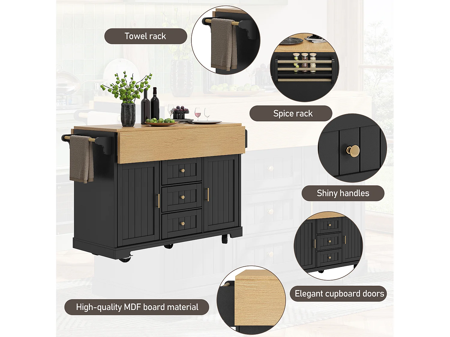 Mobile Kitchen Island - Extendable Top - 2 Doors and 3 Drawers - Open Shelves - with Towel Rail - MDF - Black