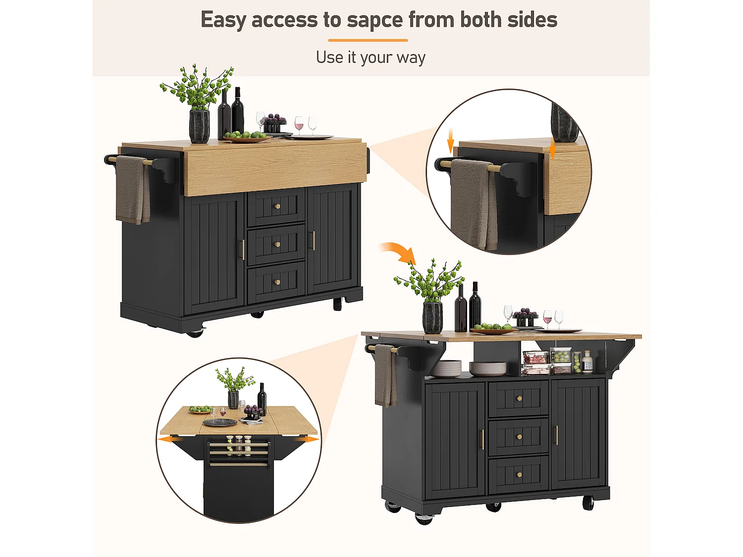 Mobile Kitchen Island - Extendable Top - 2 Doors and 3 Drawers - Open Shelves - with Towel Rail - MDF - Black