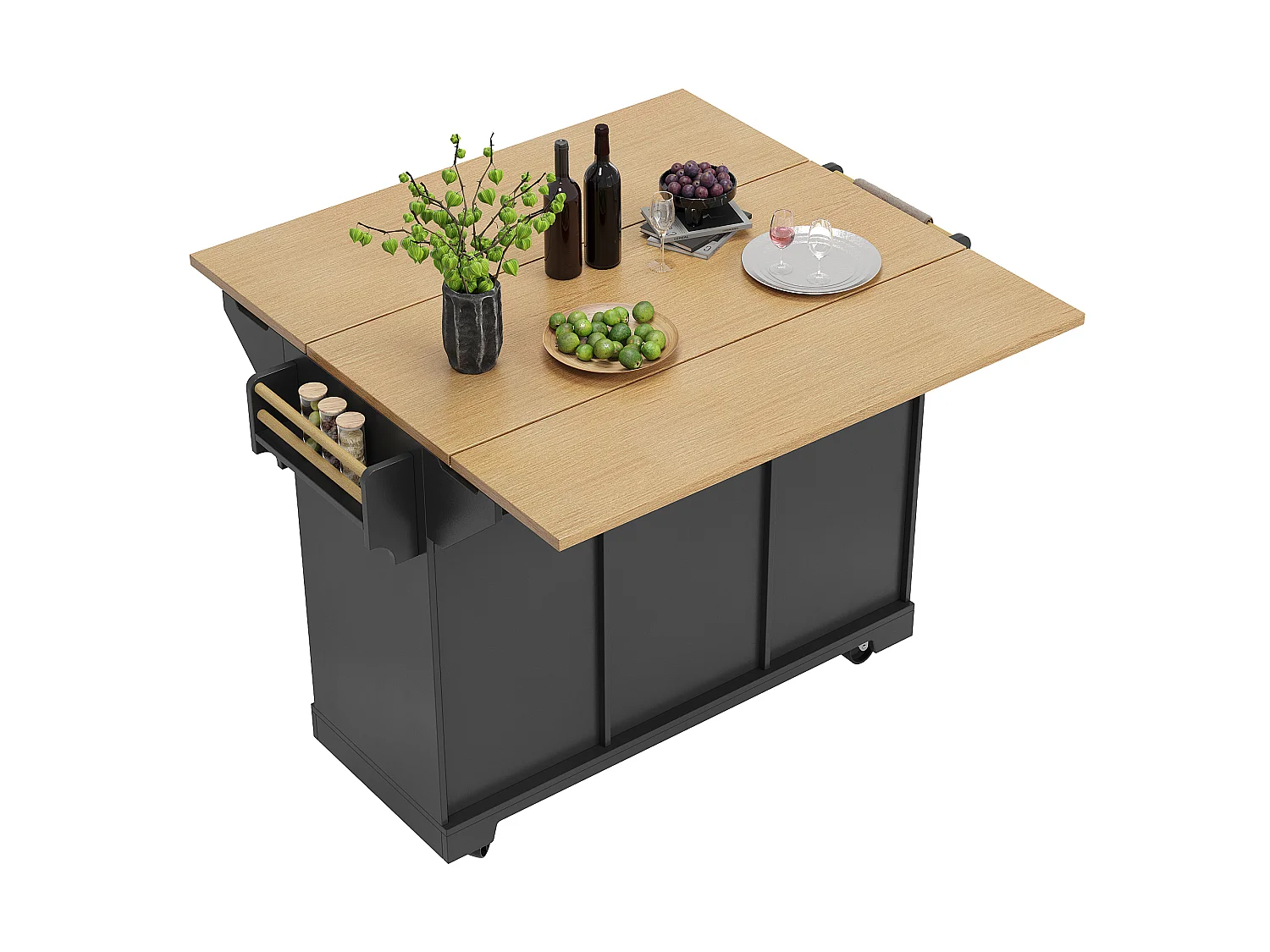 Mobile Kitchen Island - Extendable Top - 2 Doors and 3 Drawers - Open Shelves - with Towel Rail - MDF - Black