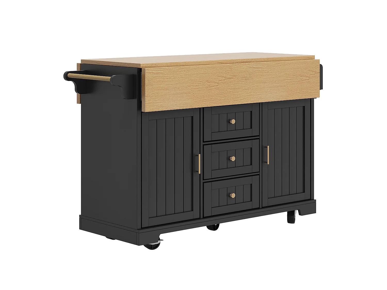 Mobile Kitchen Island - Extendable Top - 2 Doors and 3 Drawers - Open Shelves - with Towel Rail - MDF - Black