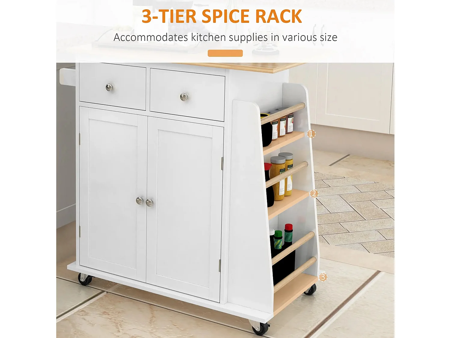 Mobile Kitchen Island Rubberwood Top 2 Drawers Cabinet Spice Rack