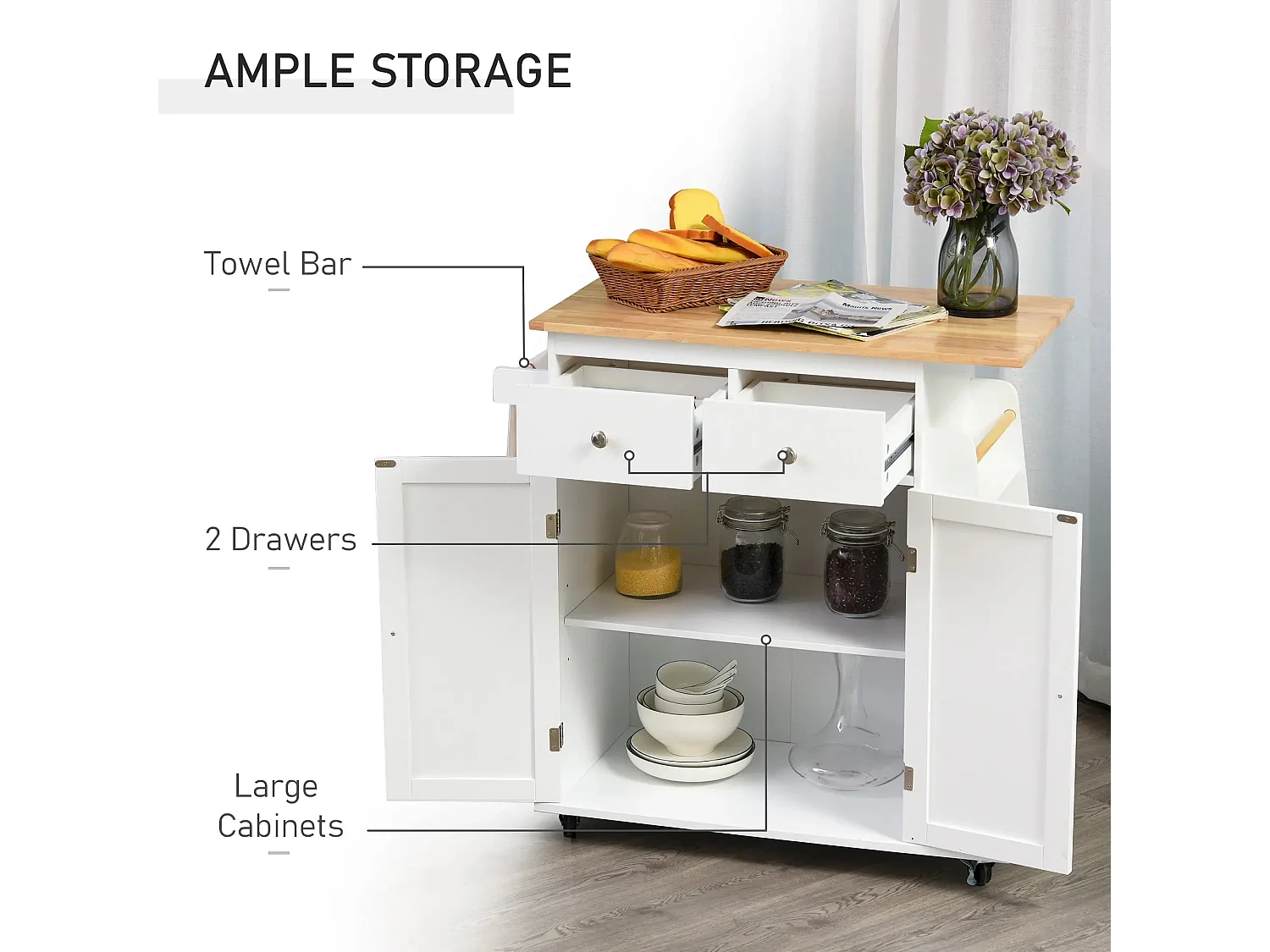 Mobile Kitchen Island Rubberwood Top 2 Drawers Cabinet Spice Rack