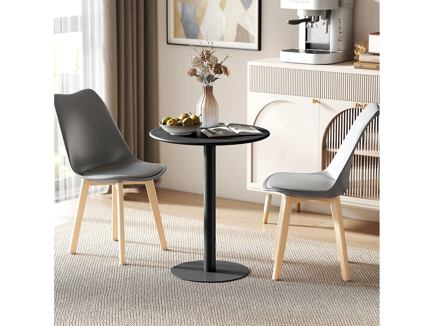 Lestaguette 60cm Round Dining Table Matte Black Steel Base Wooden Top