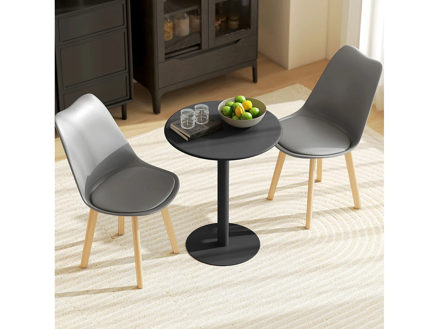 Lestaguette 60cm Round Dining Table Matte Black Steel Base Wooden Top