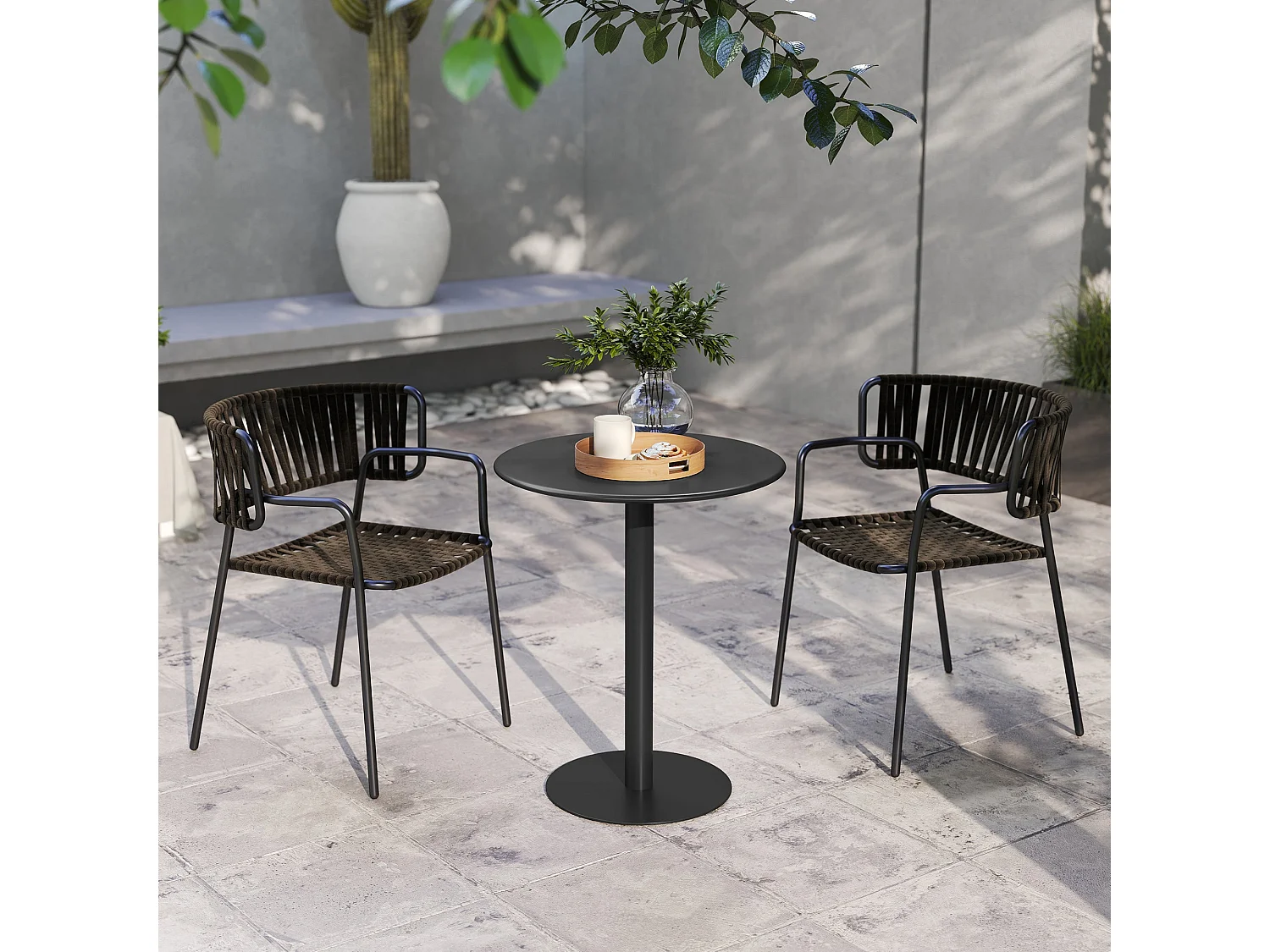 Lestaguette 60cm Round Dining Table Matte Black Steel Base Wooden Top