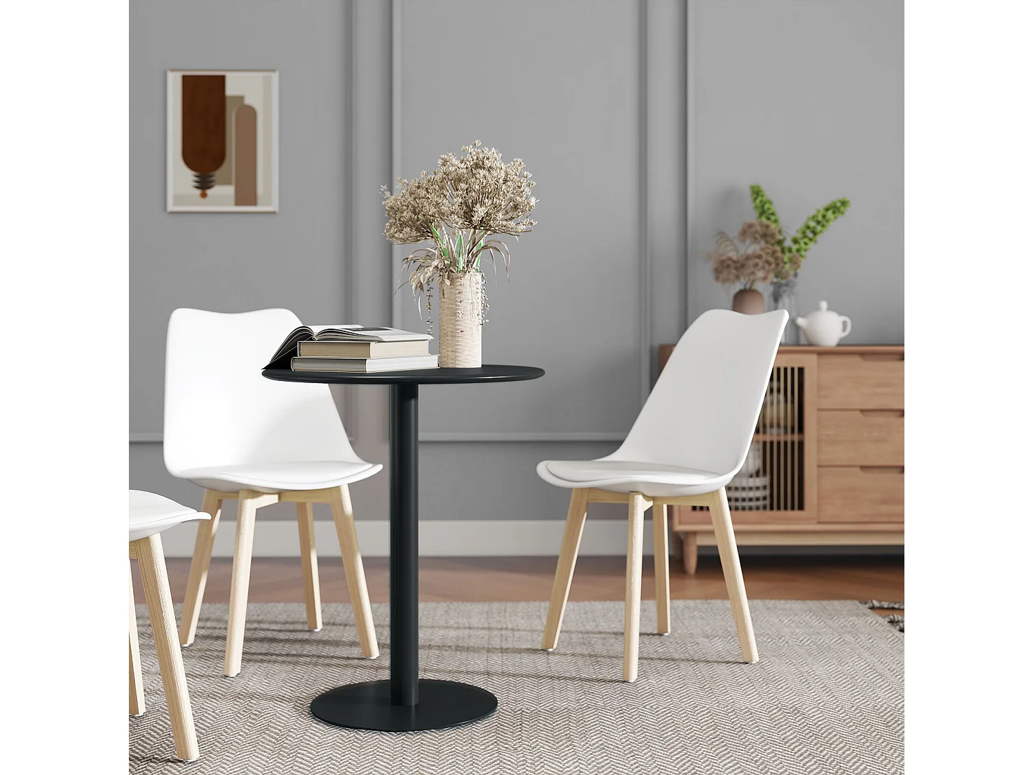 Lestaguette 60cm Round Dining Table Matte Black Steel Base Wooden Top