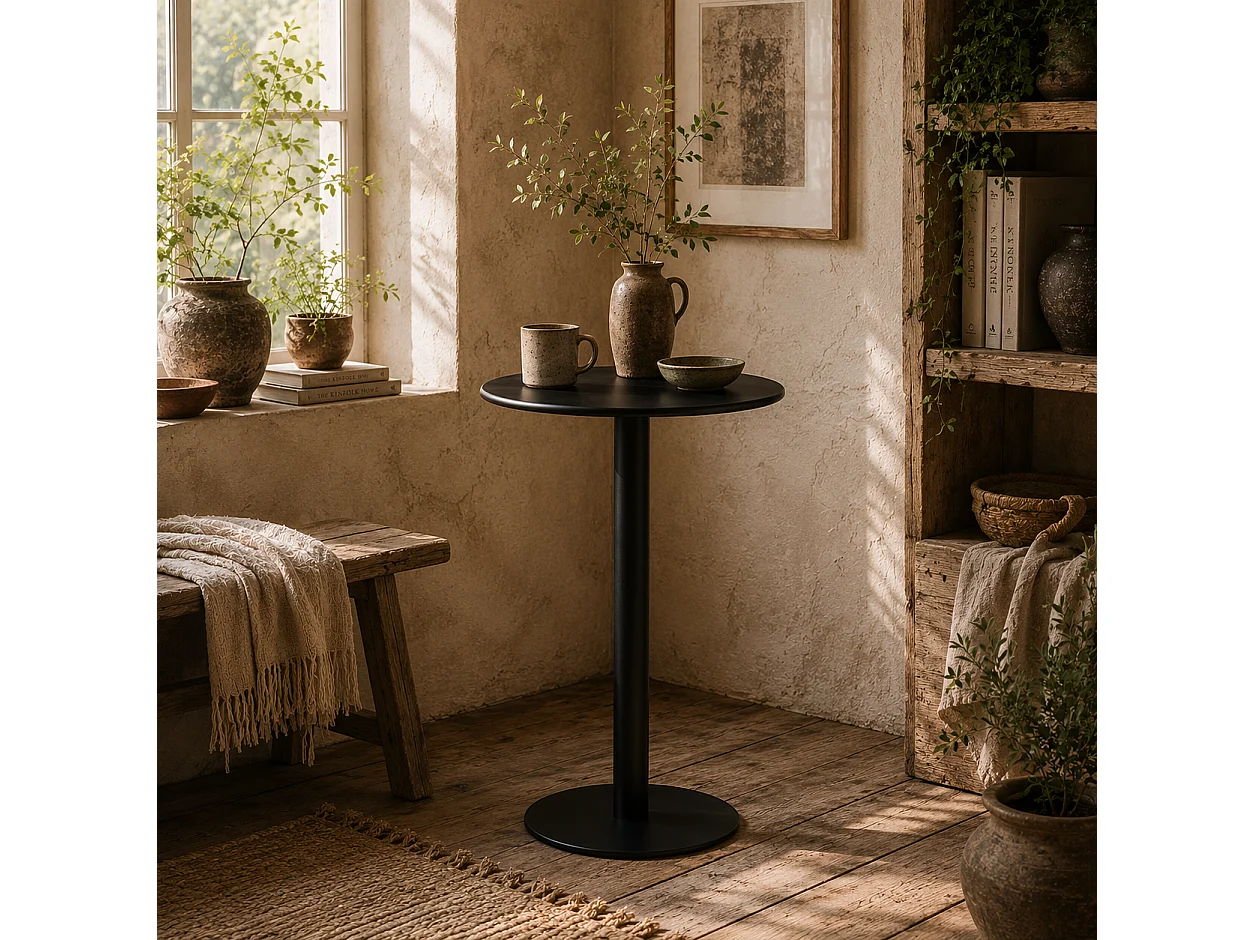 Lestaguette 60cm Round Dining Table Matte Black Steel Base Wooden Top