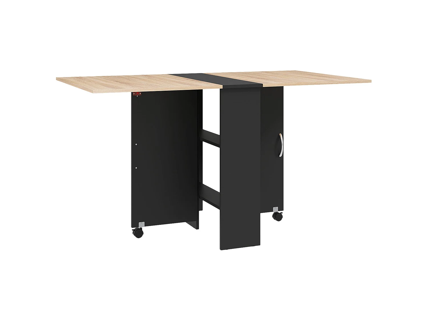 Toelka Extendable Oak Tone and Black Drop Leaf Dining Table with Shelves and Castors
