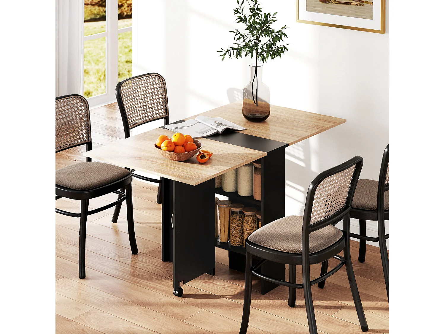 Toelka Extendable Oak Tone and Black Drop Leaf Dining Table with Shelves and Castors