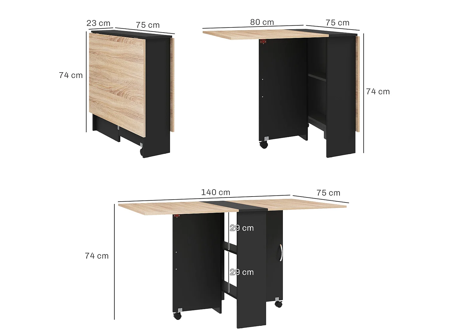 Toelka Extendable Oak Tone and Black Drop Leaf Dining Table with Shelves and Castors