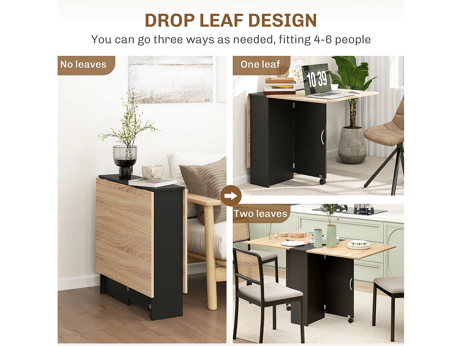 Toelka Extendable Oak Tone and Black Drop Leaf Dining Table with Shelves and Castors