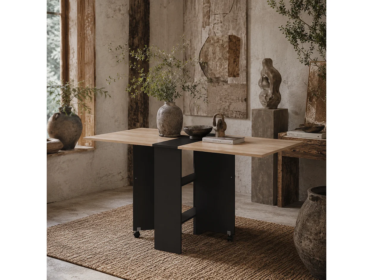 Toelka Extendable Oak Tone and Black Drop Leaf Dining Table with Shelves and Castors