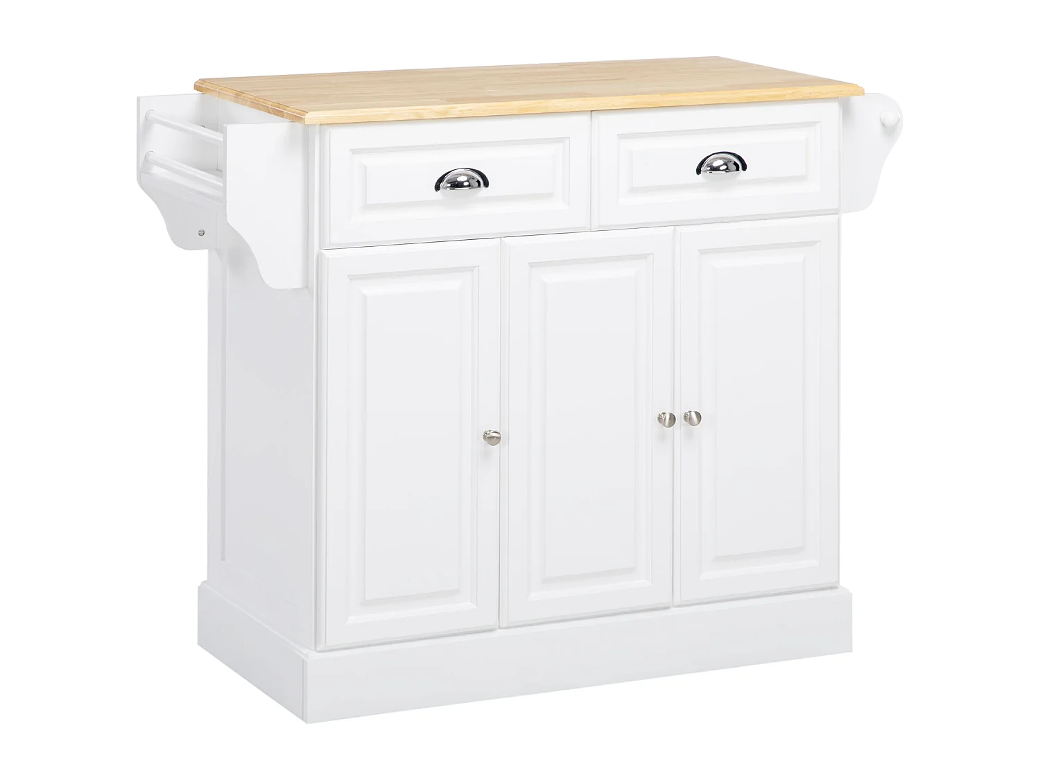 Nirael White Rolling Kitchen Island with Rubberwood Top Drawers and Storage
