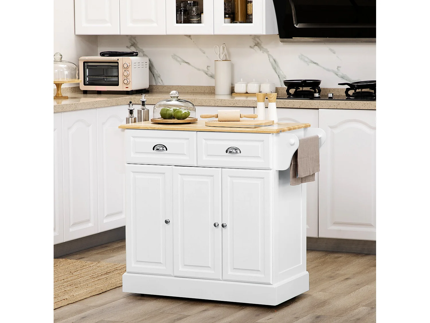 Nirael White Rolling Kitchen Island with Rubberwood Top Drawers and Storage