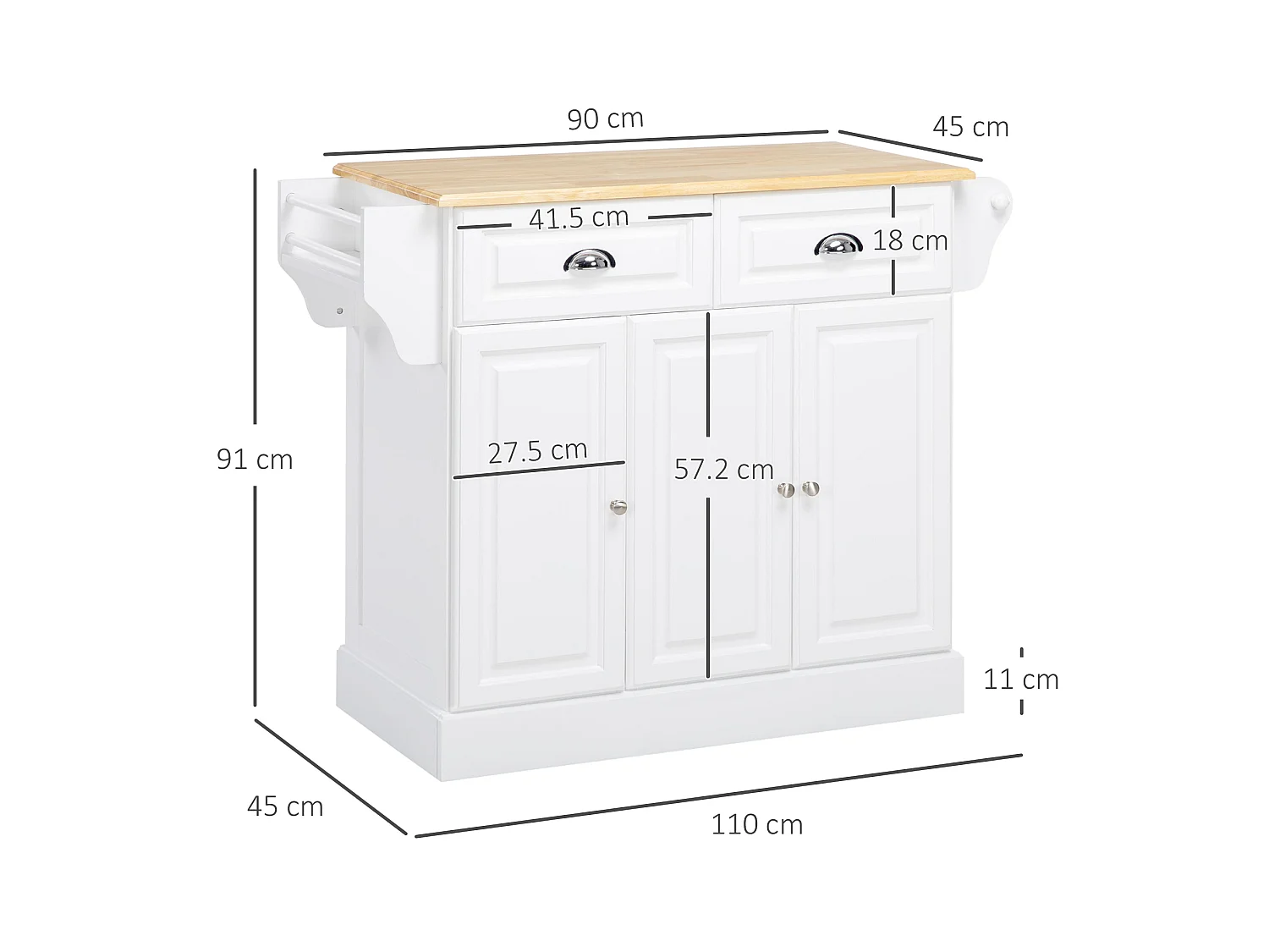 Nirael White Rolling Kitchen Island with Rubberwood Top Drawers and Storage