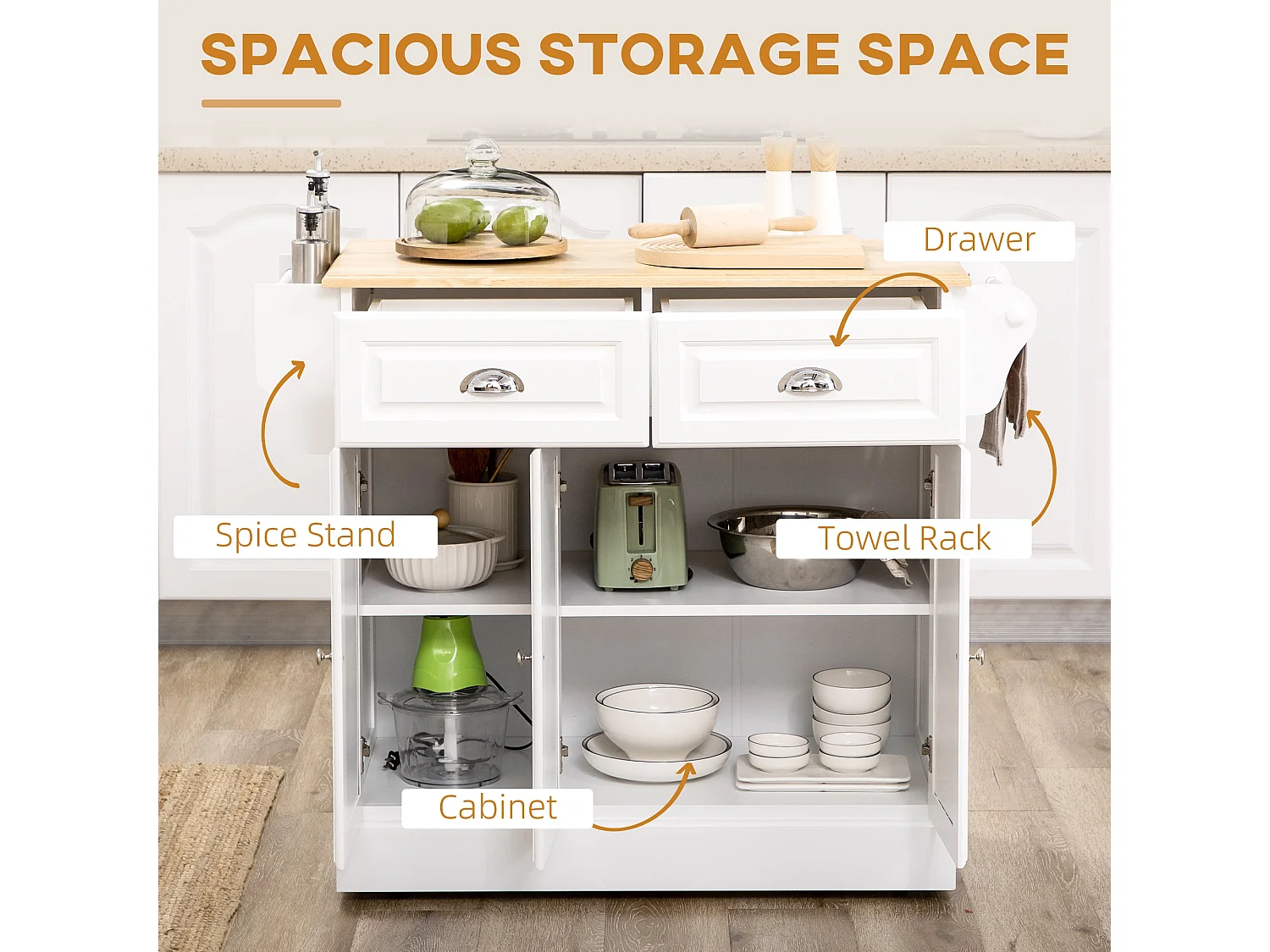 Nirael White Rolling Kitchen Island with Rubberwood Top Drawers and Storage