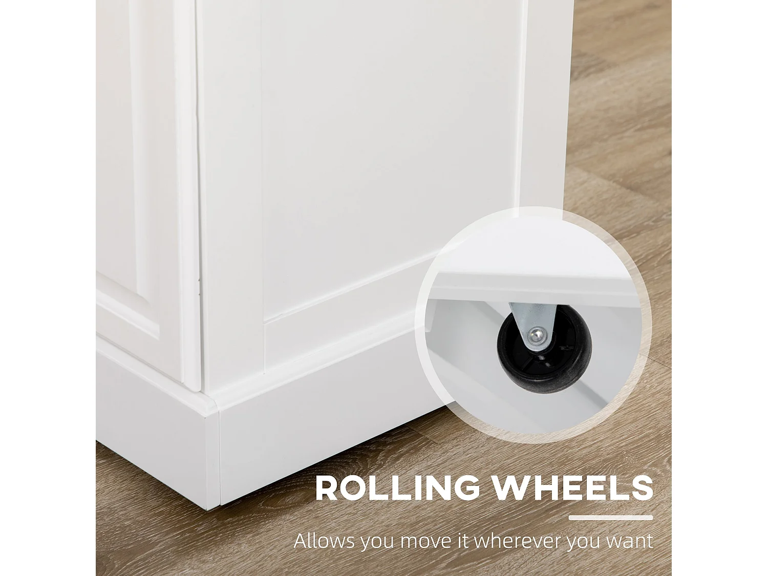 Nirael White Rolling Kitchen Island with Rubberwood Top Drawers and Storage