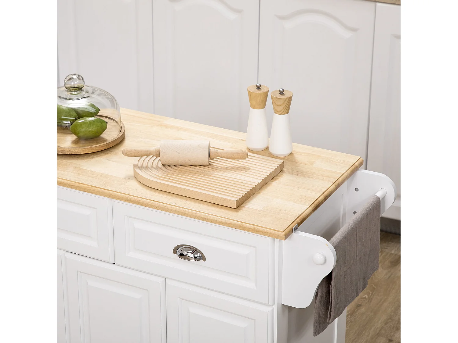 Nirael White Rolling Kitchen Island with Rubberwood Top Drawers and Storage