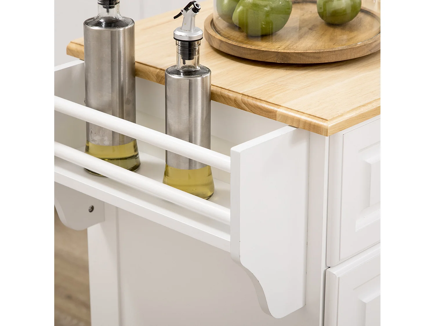 Nirael White Rolling Kitchen Island with Rubberwood Top Drawers and Storage