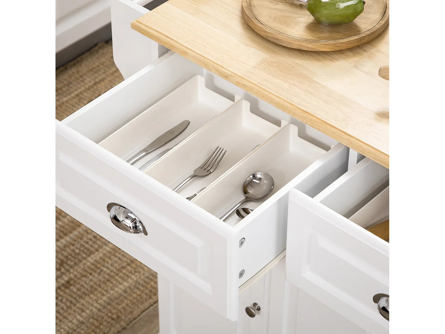 Nirael White Rolling Kitchen Island with Rubberwood Top Drawers and Storage
