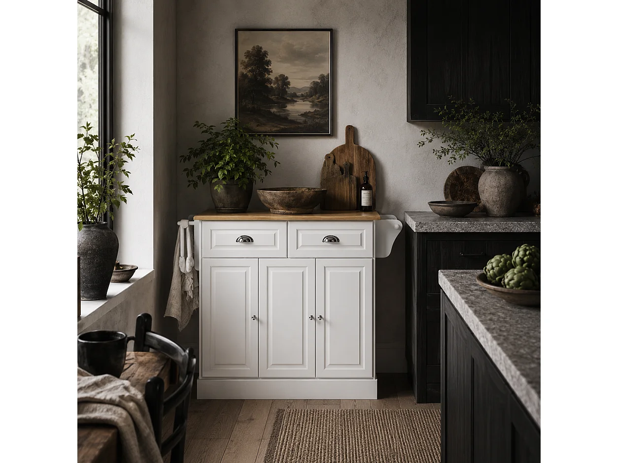 Nirael White Rolling Kitchen Island with Rubberwood Top Drawers and Storage
