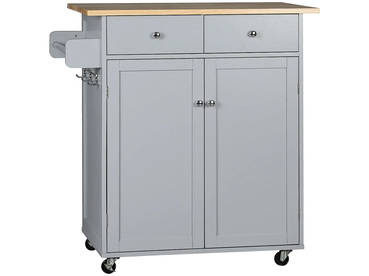 Grey Rolling Kitchen Island with Rubberwood Top 2 Drawers Cabinet Towel Rack and Hooks