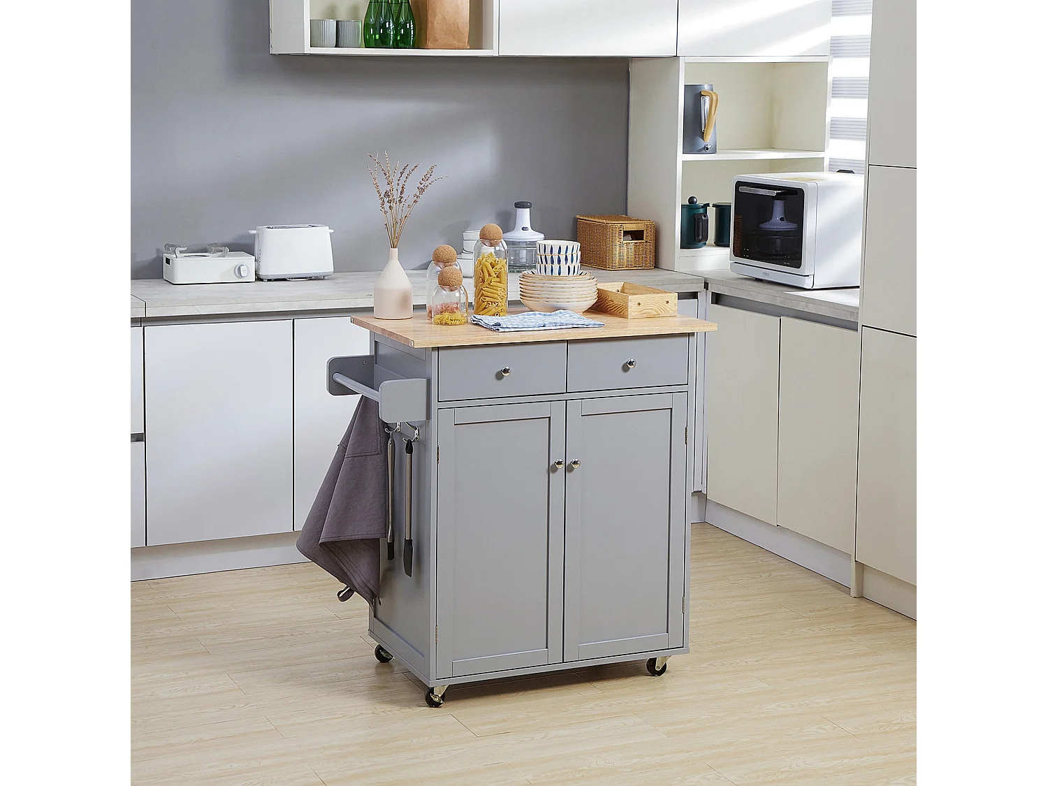 Grey Rolling Kitchen Island with Rubberwood Top 2 Drawers Cabinet Towel Rack and Hooks
