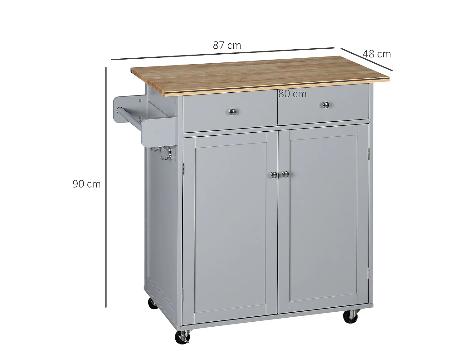 Grey Rolling Kitchen Island with Rubberwood Top 2 Drawers Cabinet Towel Rack and Hooks
