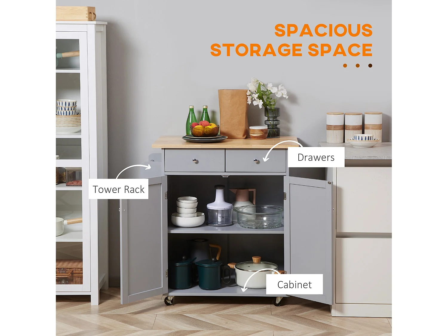 Grey Rolling Kitchen Island with Rubberwood Top 2 Drawers Cabinet Towel Rack and Hooks