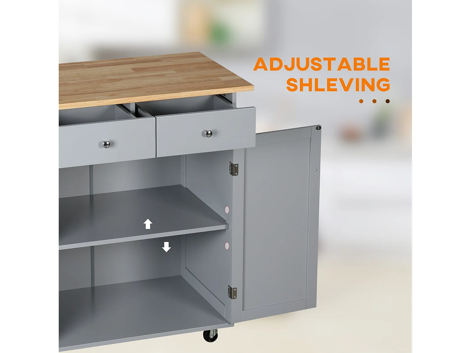 Grey Rolling Kitchen Island with Rubberwood Top 2 Drawers Cabinet Towel Rack and Hooks