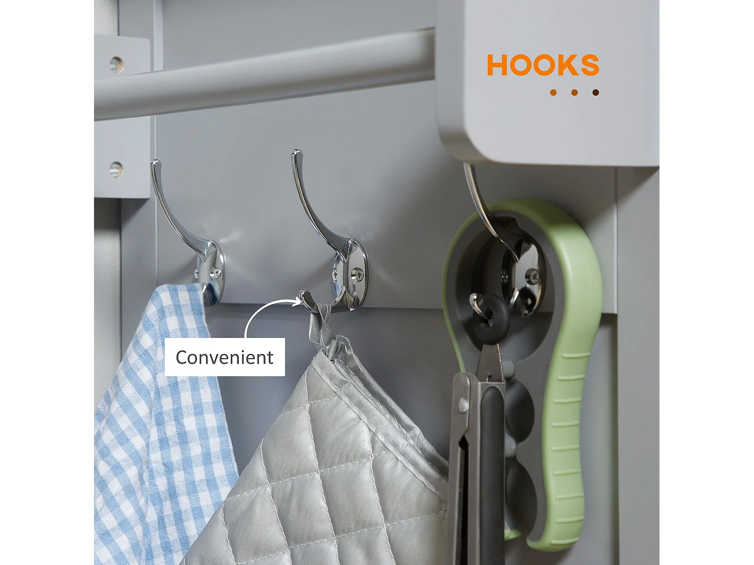 Grey Rolling Kitchen Island with Rubberwood Top 2 Drawers Cabinet Towel Rack and Hooks