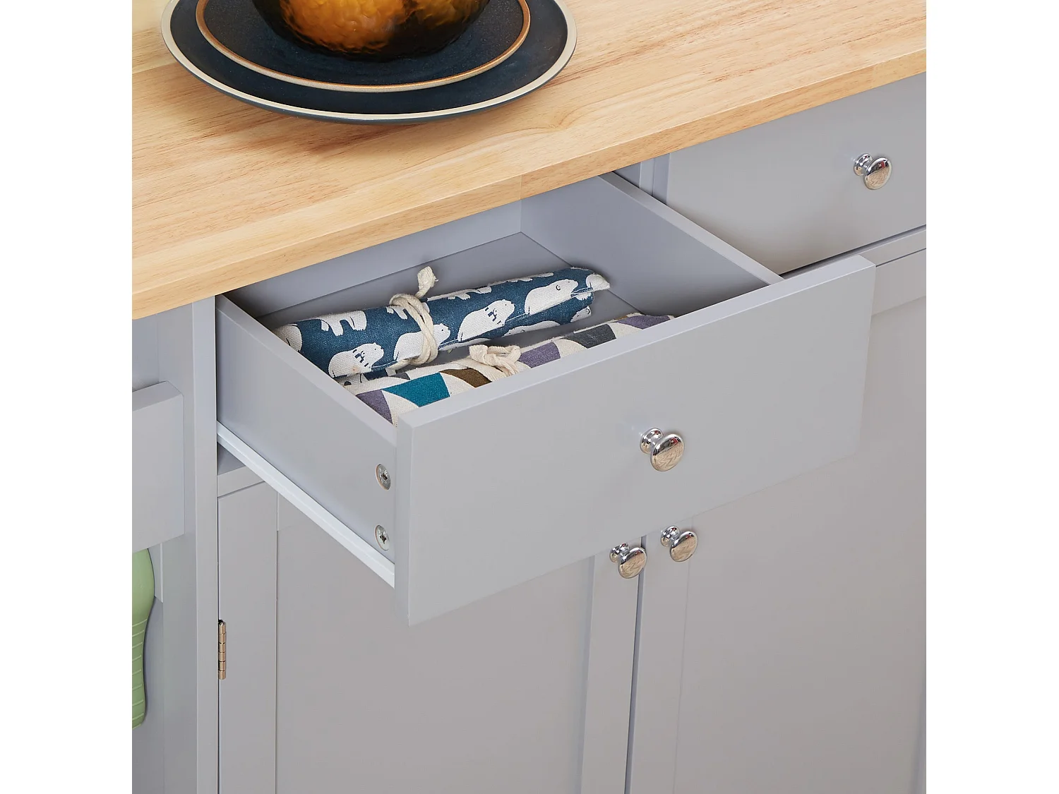 Grey Rolling Kitchen Island with Rubberwood Top 2 Drawers Cabinet Towel Rack and Hooks