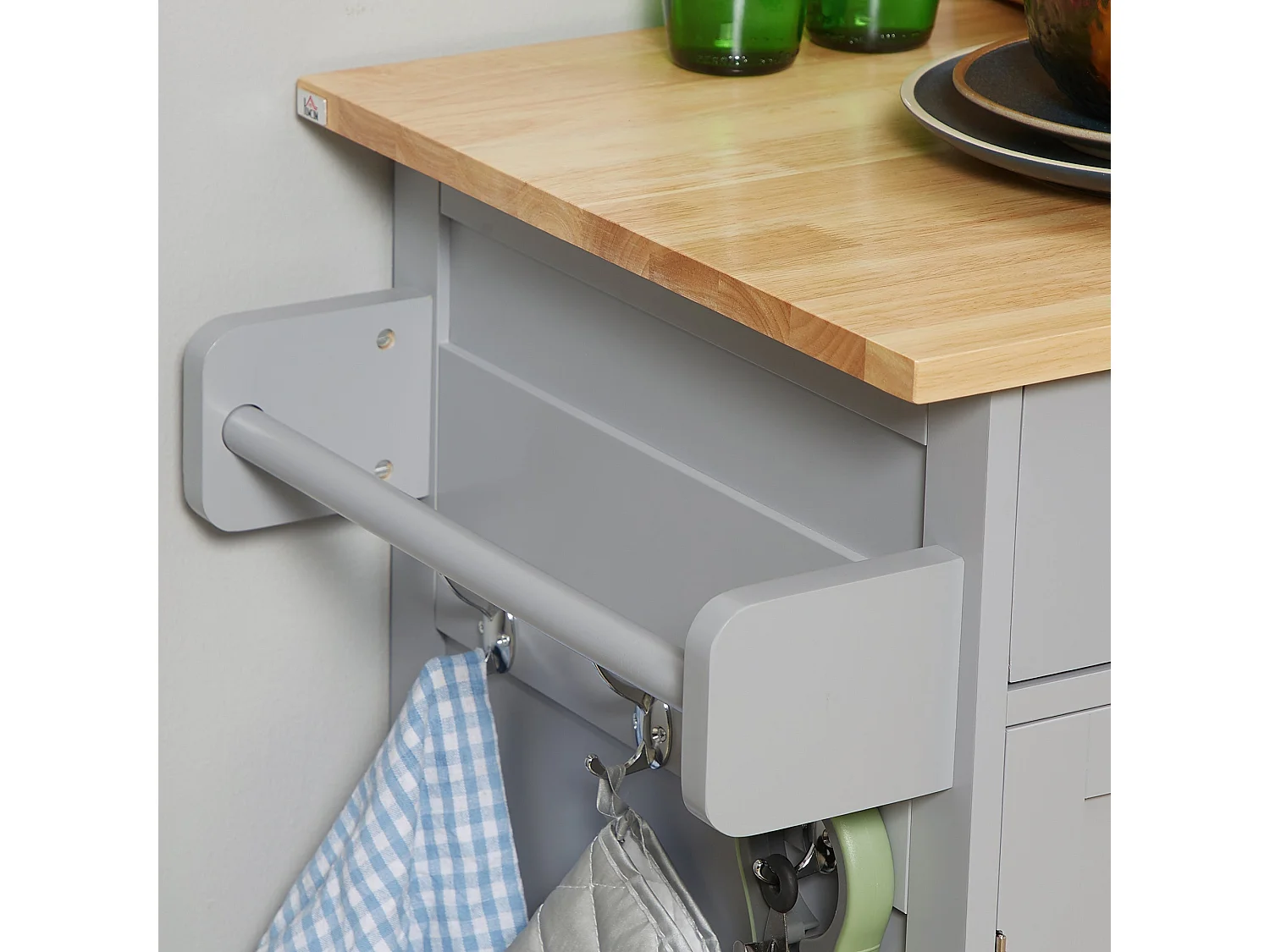 Grey Rolling Kitchen Island with Rubberwood Top 2 Drawers Cabinet Towel Rack and Hooks