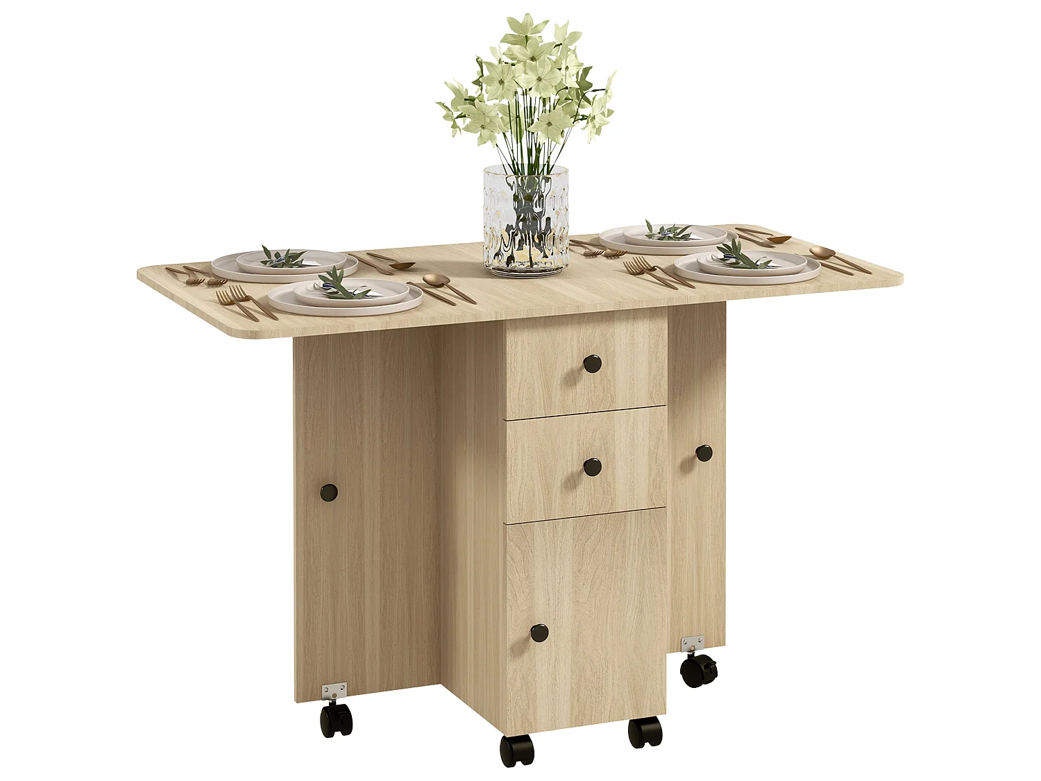 Tofaba Wood Effect Drop Leaf Dining Table Integrated Storage Wheels Natural Finish