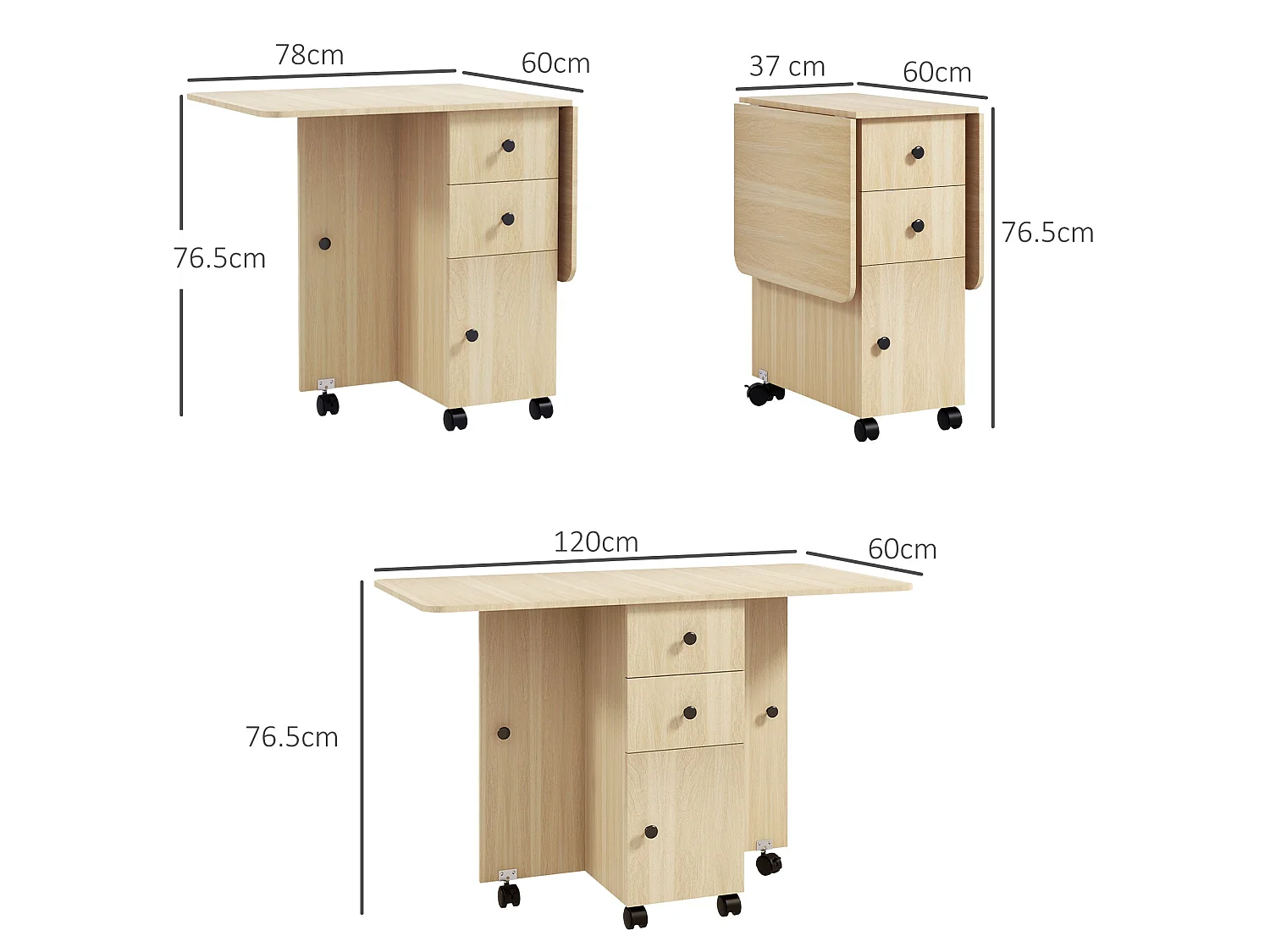 Tofaba Wood Effect Drop Leaf Dining Table Integrated Storage Wheels Natural Finish