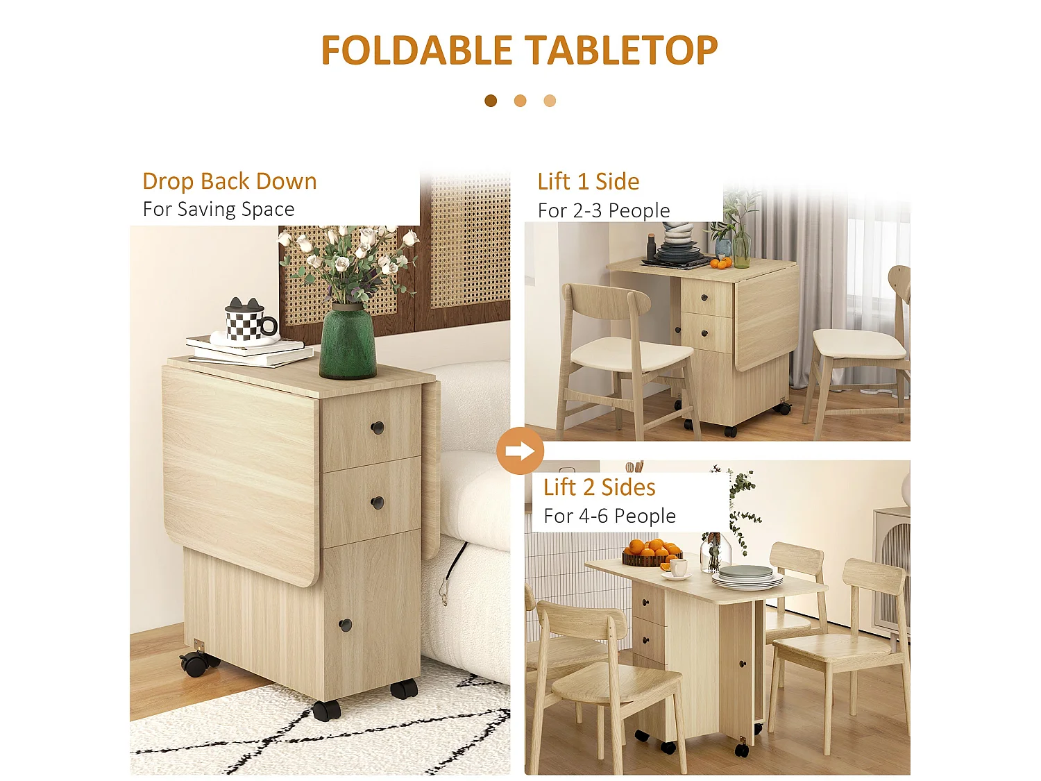 Tofaba Wood Effect Drop Leaf Dining Table Integrated Storage Wheels Natural Finish