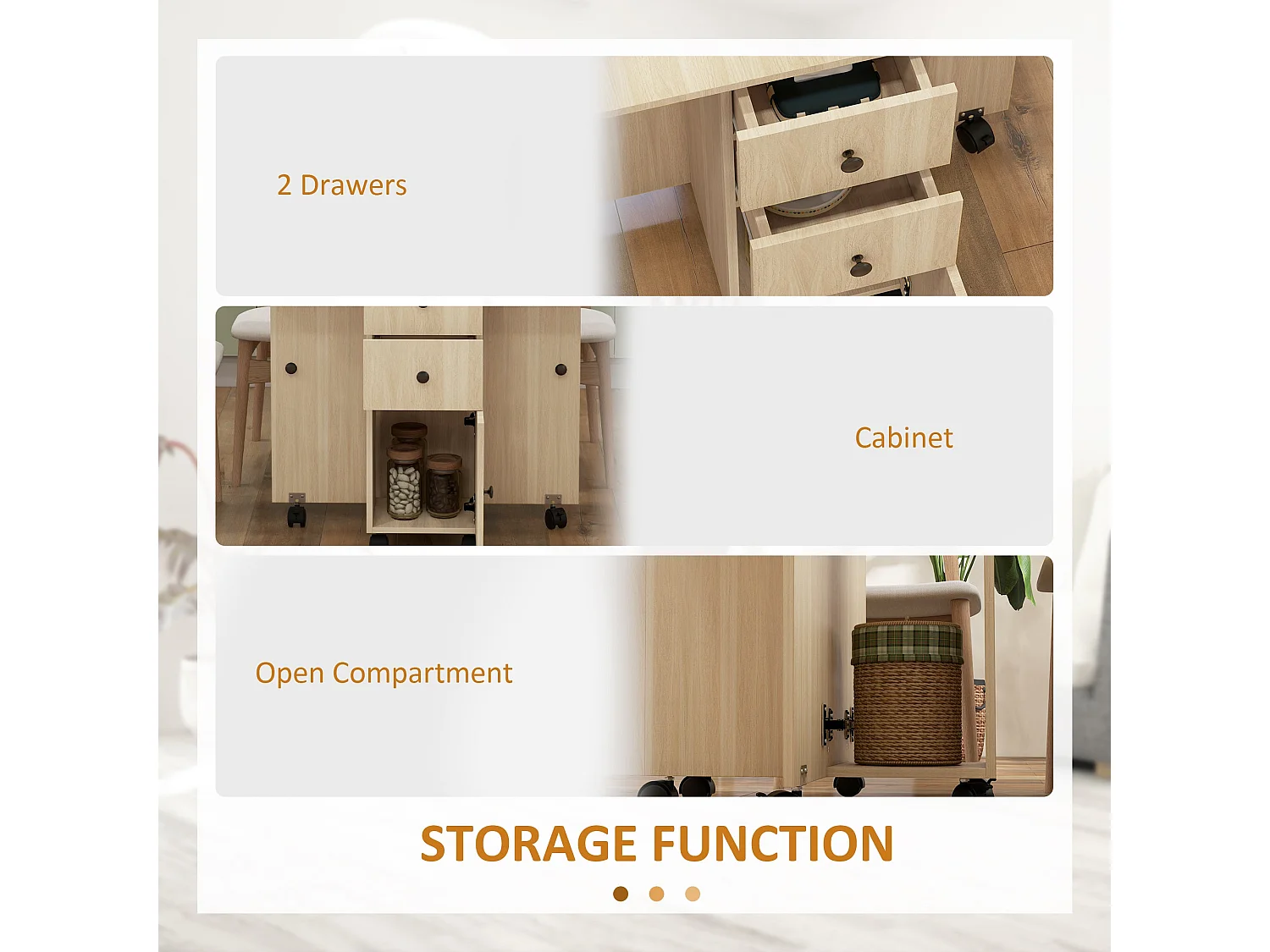 Tofaba Wood Effect Drop Leaf Dining Table Integrated Storage Wheels Natural Finish