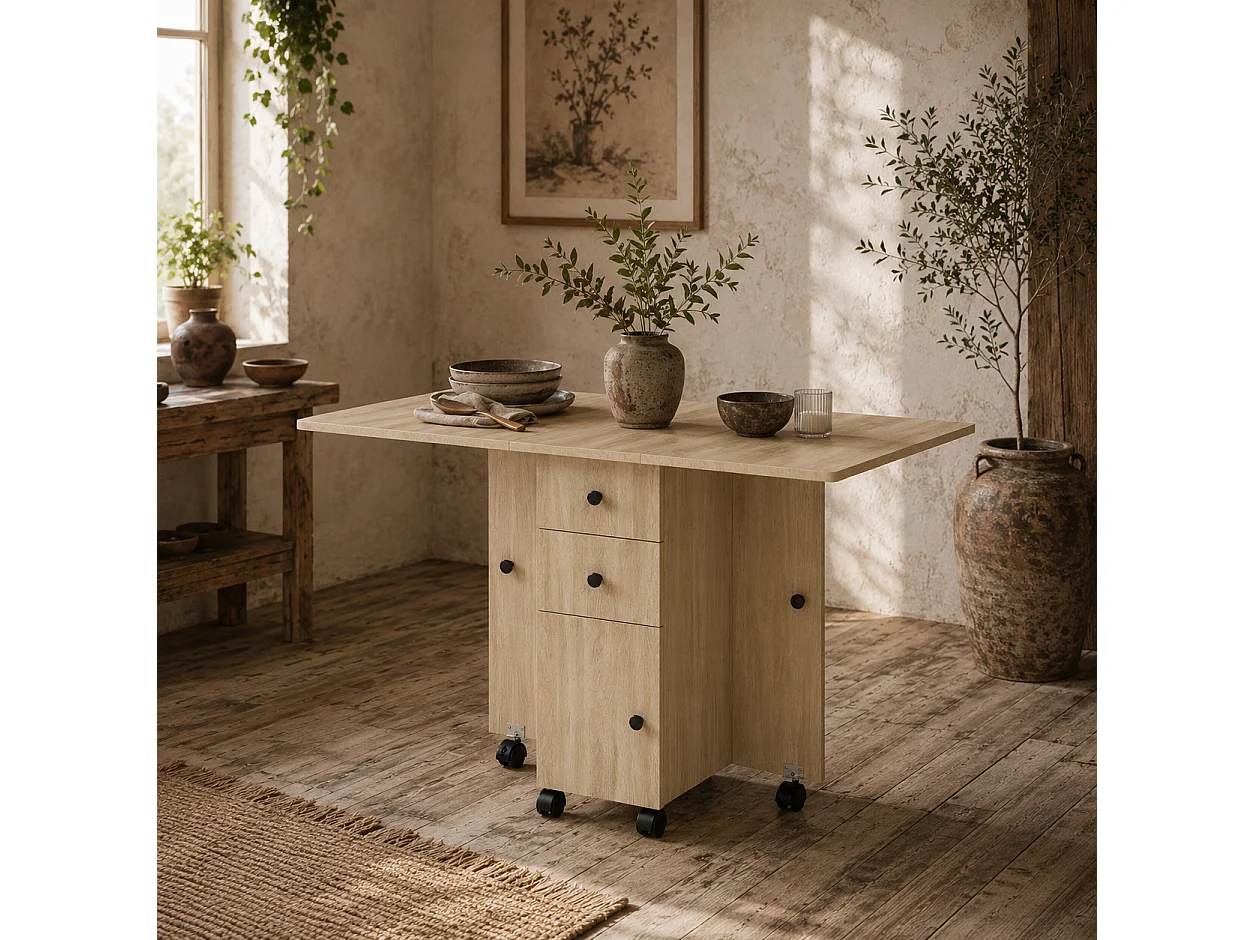 Tofaba Wood Effect Drop Leaf Dining Table Integrated Storage Wheels Natural Finish