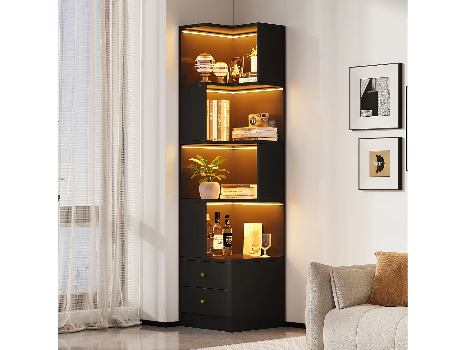 L-förmiges Eckregal 45 x 43,5 x 180 cm - mit LED-Beleuchtung - 2 Schubladen und 4 Ablageebenen - MDF - schwarz