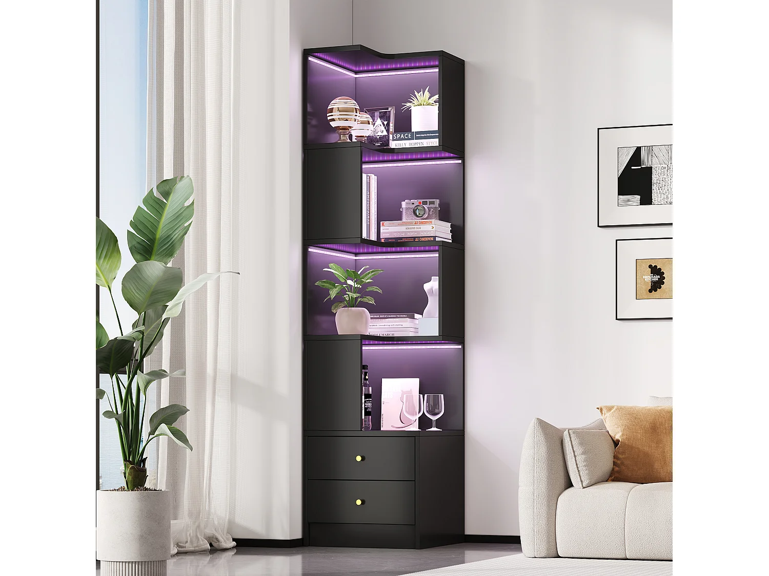 L-förmiges Eckregal 45 x 43,5 x 180 cm - mit LED-Beleuchtung - 2 Schubladen und 4 Ablageebenen - MDF - schwarz