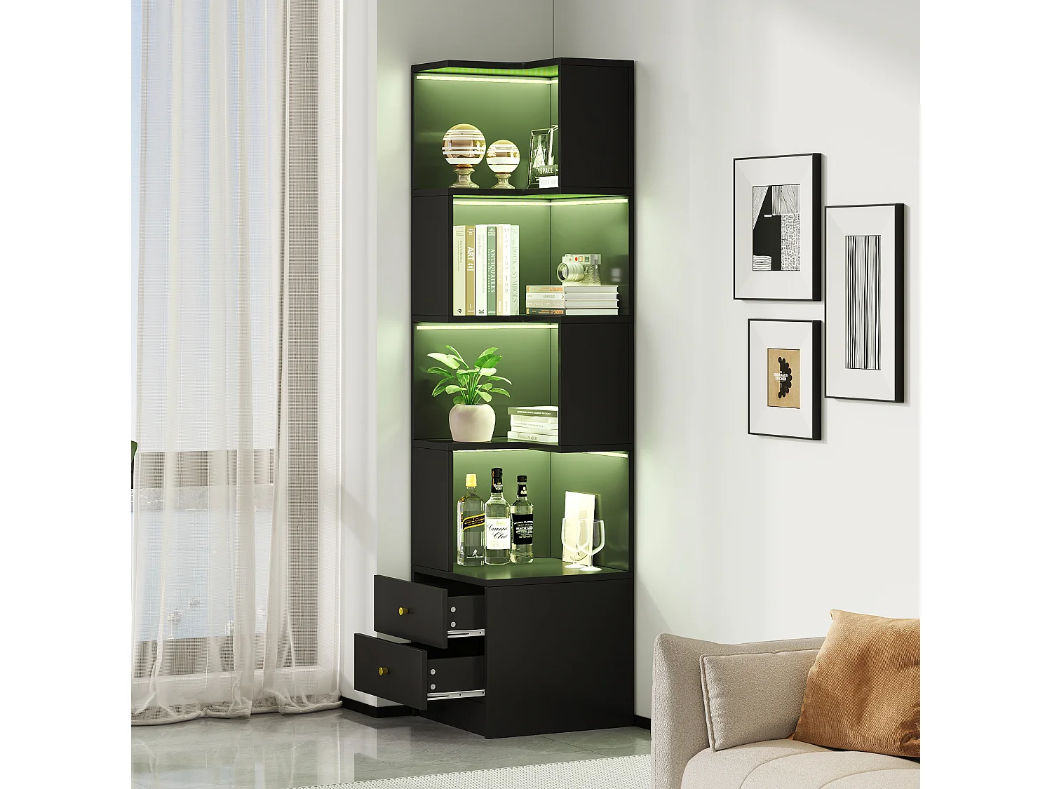 L-förmiges Eckregal 45 x 43,5 x 180 cm - mit LED-Beleuchtung - 2 Schubladen und 4 Ablageebenen - MDF - schwarz