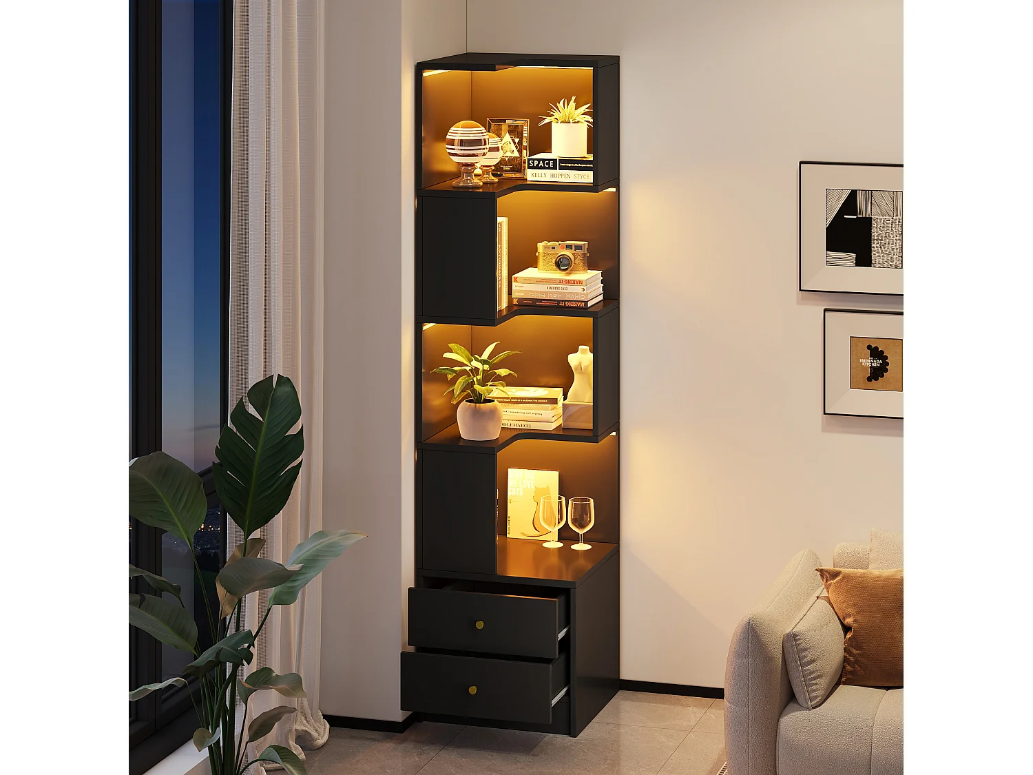 L-förmiges Eckregal 45 x 43,5 x 180 cm - mit LED-Beleuchtung - 2 Schubladen und 4 Ablageebenen - MDF - schwarz