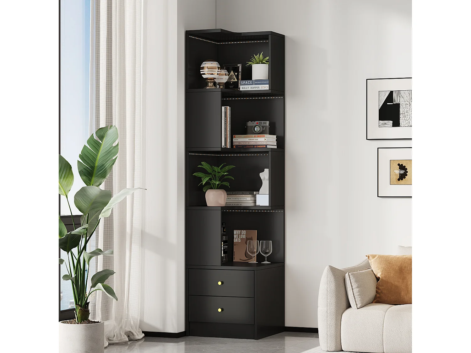 L-förmiges Eckregal 45 x 43,5 x 180 cm - mit LED-Beleuchtung - 2 Schubladen und 4 Ablageebenen - MDF - schwarz